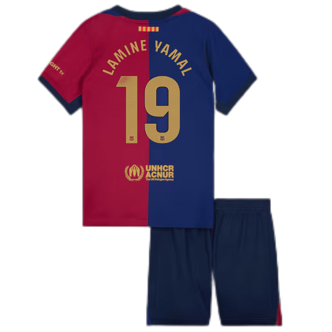 儿童 LAMINE YAMAL 19 巴塞罗那主场 Spotify 标志无文字球衣套装 2024/25